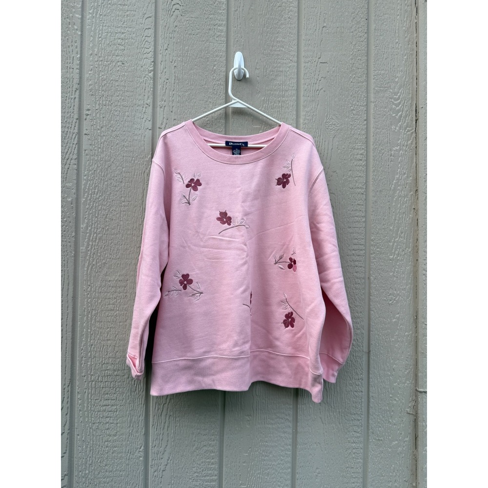 Denim & Co 1X Sweatshirt Pink Floral Embroidered Cotton Blend Crewneck
